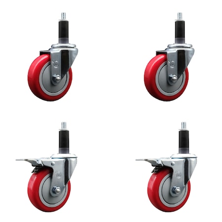 Service Caster 4'' SS Red Poly Swivel 1-1/8'' Expanding Stem Caster Set 2 Total Lock Brakes, 4PK SCC-SSEXTTL20S414-PPUB-RED-2-S-2-118